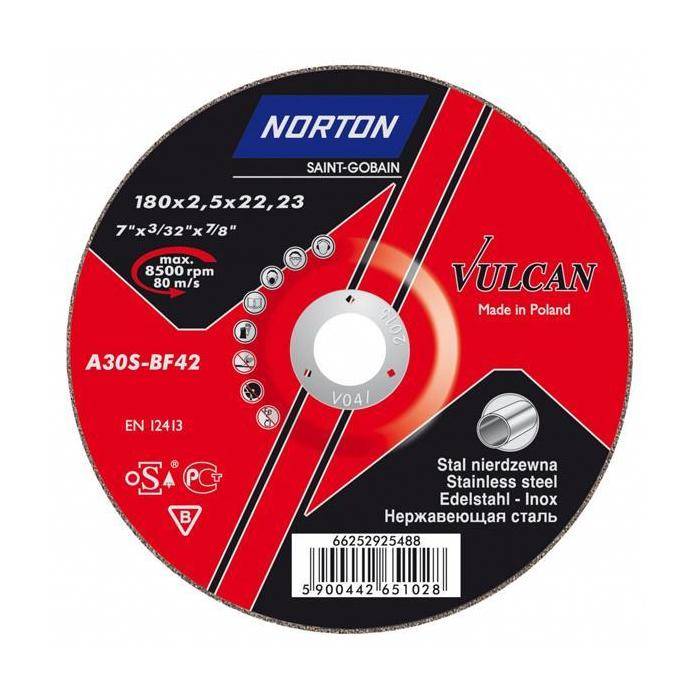 Norton Vulcan Inox 180x2.5x22.23 A30S BF42 Inox отрезной диск для нержавеющей стали