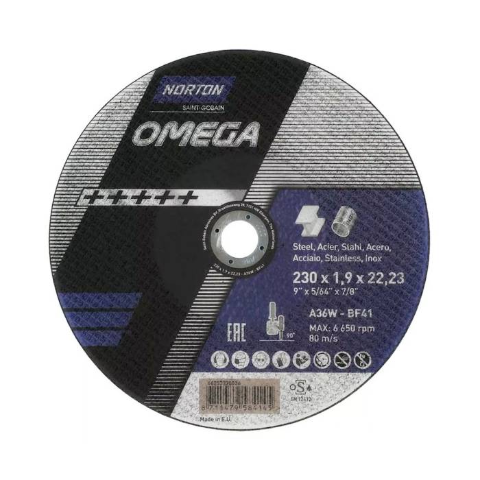 Norton Omega 230x1.9x22.23 / 9"x5/64"x7/8" A36W BF41 отрезной диск